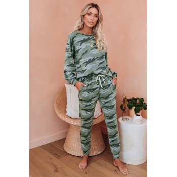 Green Bat Sleeve Camouflage Drawstring Pajama Set